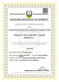 Tanzania Revenue Authority certificate of registration for Taxpayer Identification Number 211-448-741, issued to Jeedesigns LLC with effect from 13 October 2026